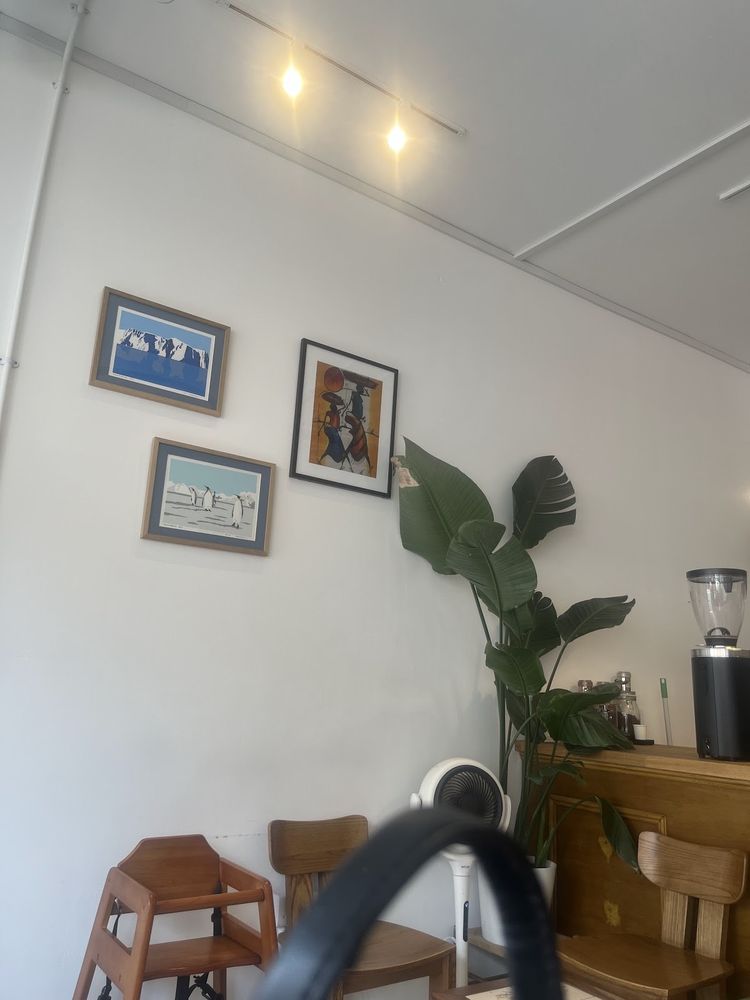 Another angle of the room, with track lighting, framed photographs and the grinder on the counter